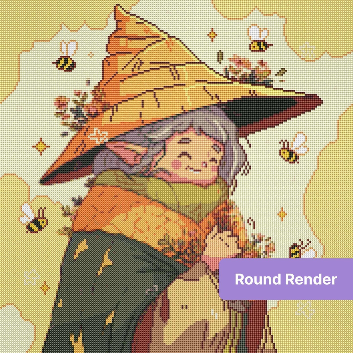 Cute fantasy witch with flowers and bees in warm autumn tones