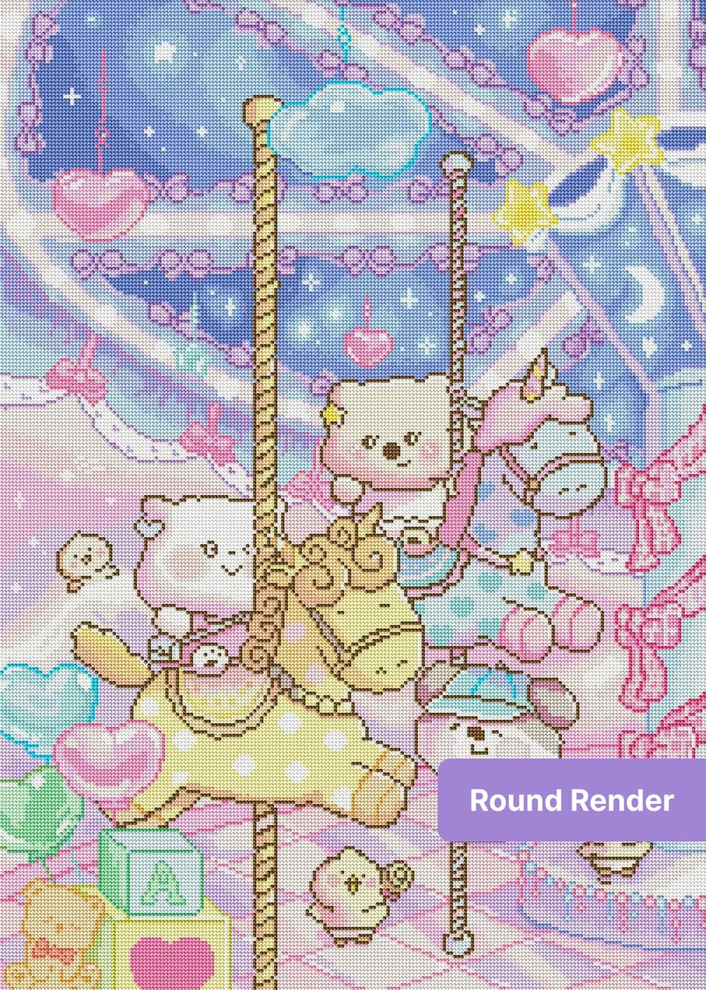 Kawaii carousel diamond painting with pastel animal characters, hearts, stars, and dreamy night sky