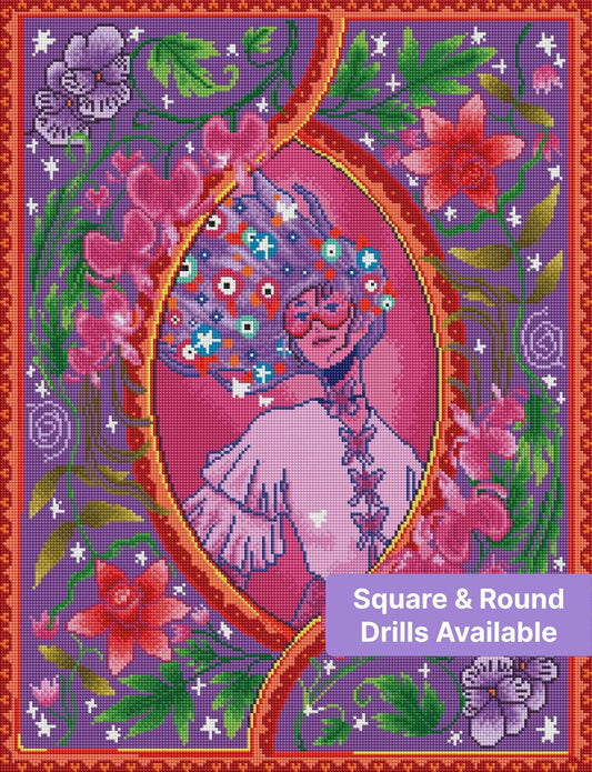 Stylized floral portrait with purple background, glowing vines, and pink blossoms