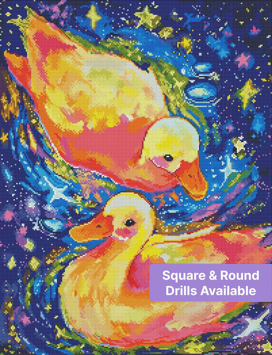 Two colorful ducklings floating through a vivid starry galaxy in watercolor style
