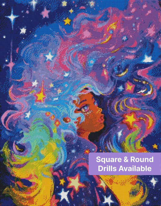 Colorful celestial woman with flowing rainbow hair and stars in a fantasy galaxy style