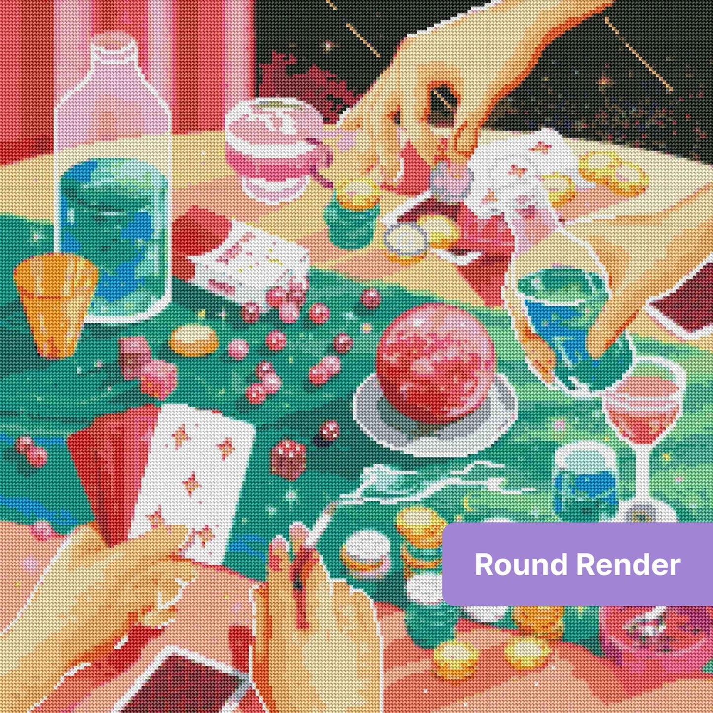 Whimsical space-themed diamond art with hands, cards, tokens, and glowing colors