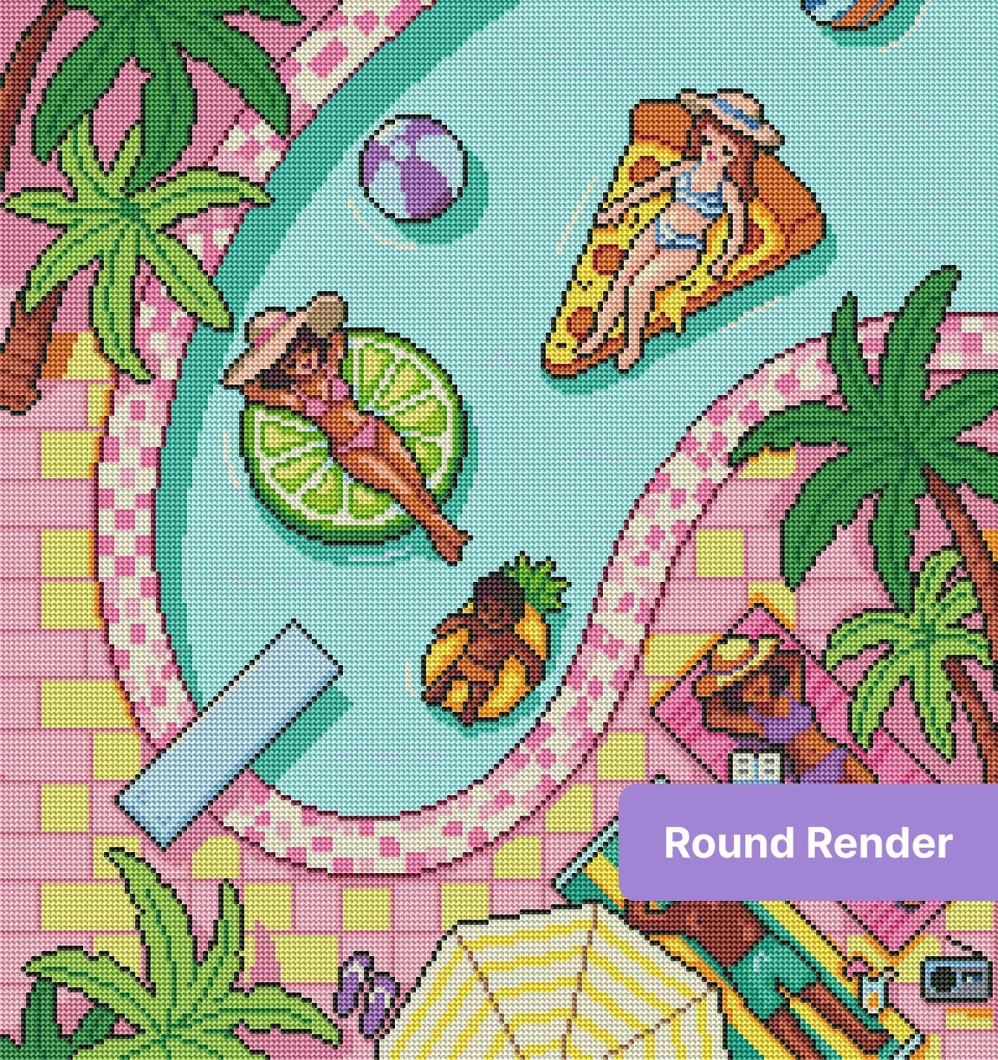 Colorful tropical beach diamond art with surfboards, palm leaves, and pastel coastal tones