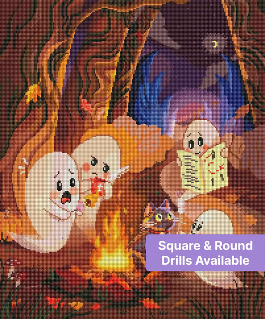 Cute ghost characters around a campfire in a whimsical Halloween forest scene