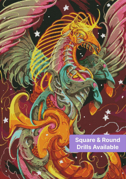 Colorful phoenix dragon with ornate wings and glowing details on a burgundy background