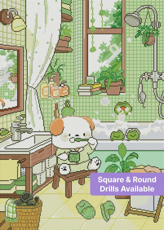 Cute bear in a green bathroom with frogs, plants, and cozy cartoon details