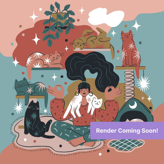 Boho-style cat illustration with lounging cats, soft earthy colors, and playful celestial accents