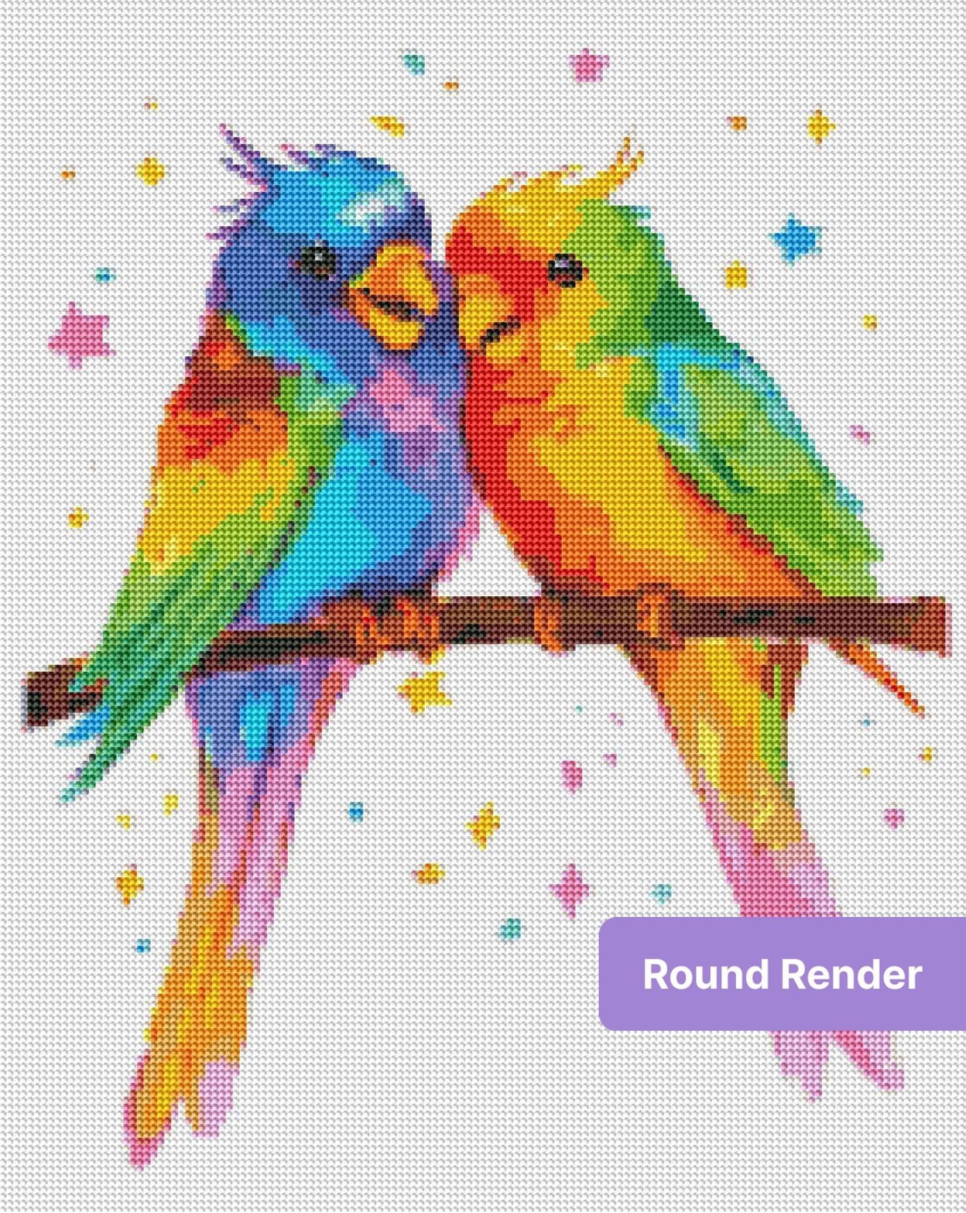 Two rainbow parrots perched on a branch in a whimsical watercolor style