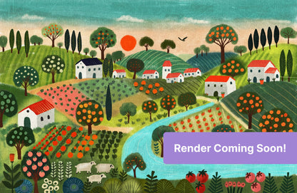 Whimsical countryside landscape with cottages, orchards, rolling hills, and a winding blue river