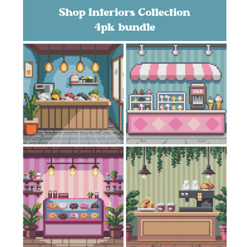 Intérieurs de magasins – Lot de 4 carrés de 20x20 cm