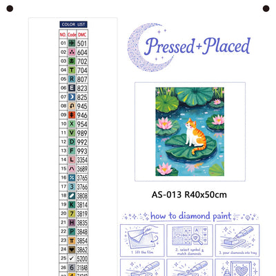 Diamond painting kit with a fox on a lily pad design and brand 'Pressed & Placed' branding.