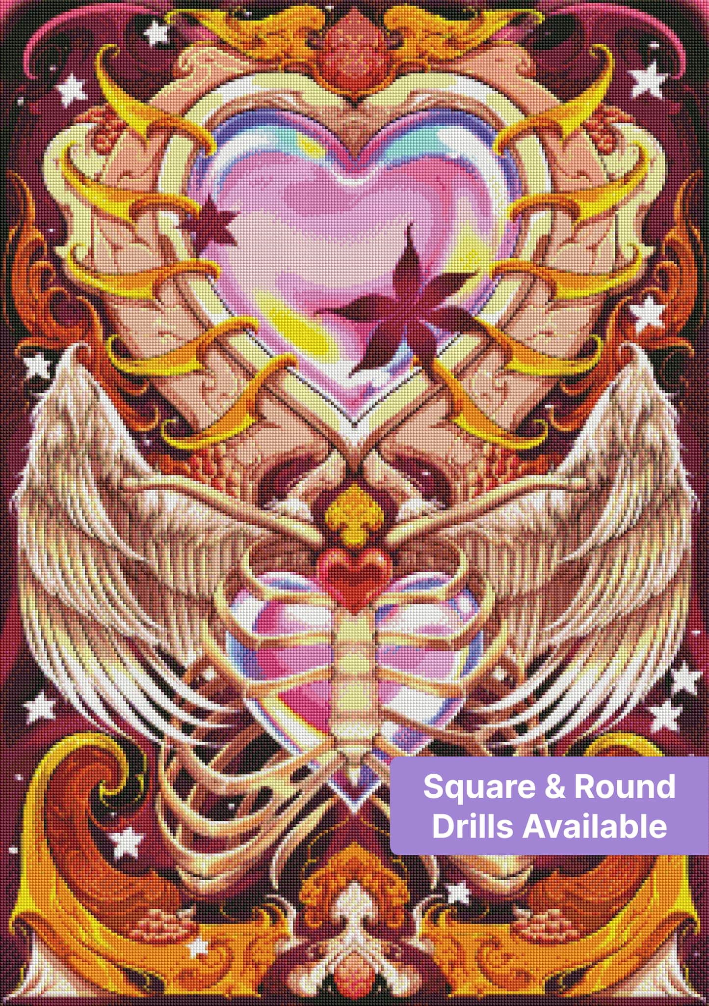 Ornate heart and wings fantasy diamond painting design with vibrant jewel tones