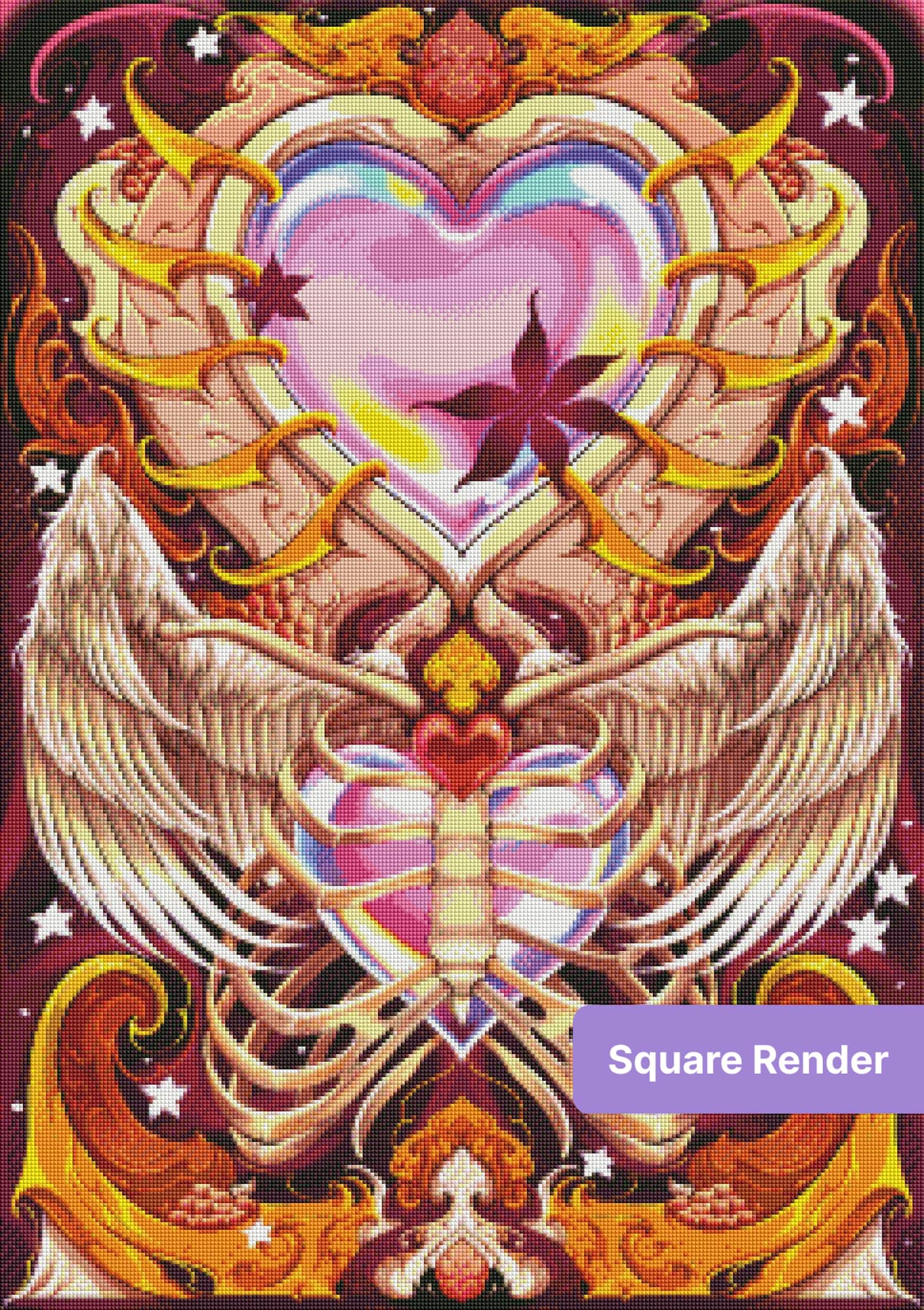 Ornate heart and wings fantasy diamond painting design with vibrant jewel tones