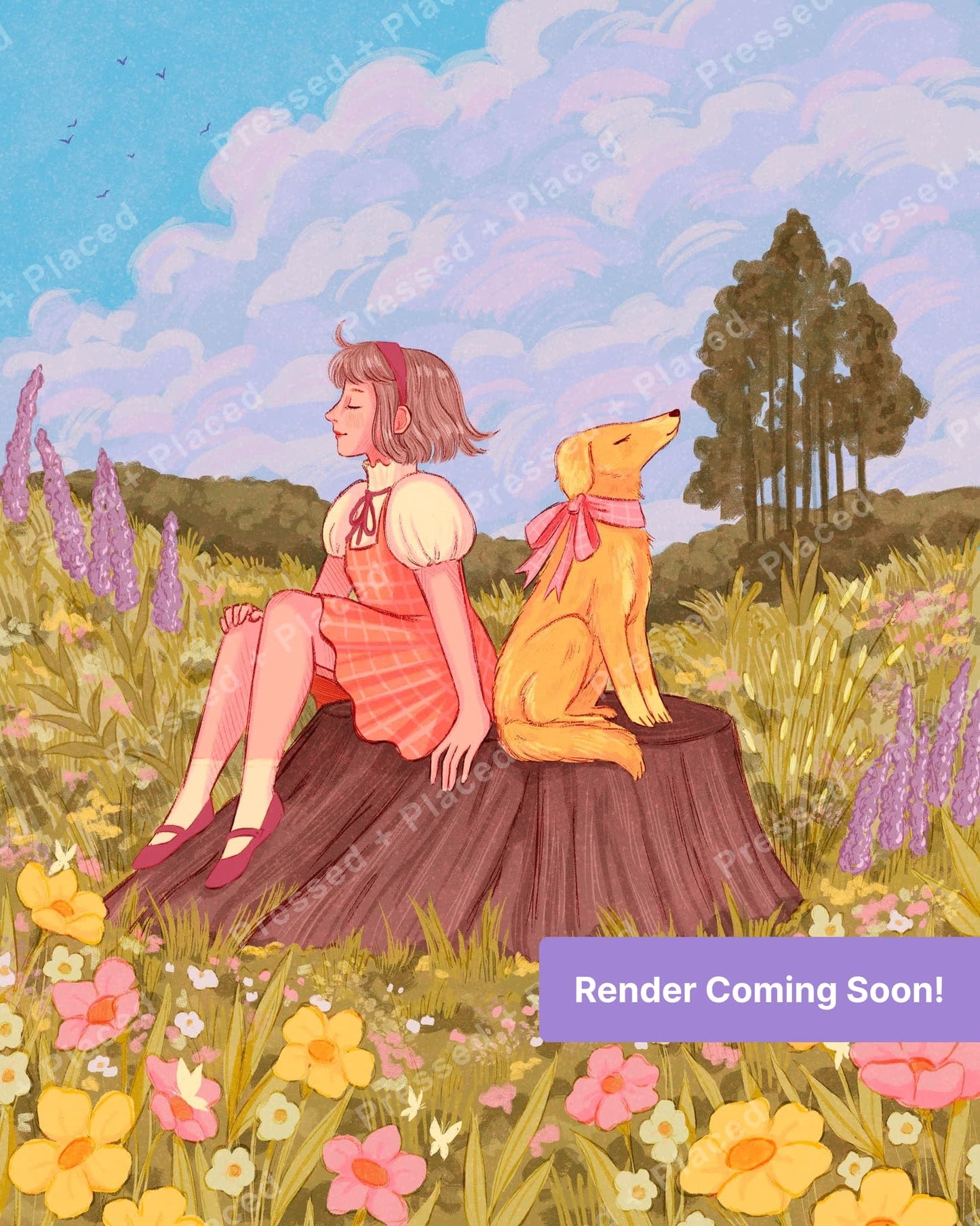 Pastel girl and dog sitting on a tree stump in a flower-filled meadow