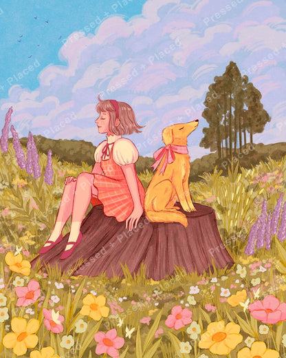 Pastel girl and dog sitting on a tree stump in a flower-filled meadow