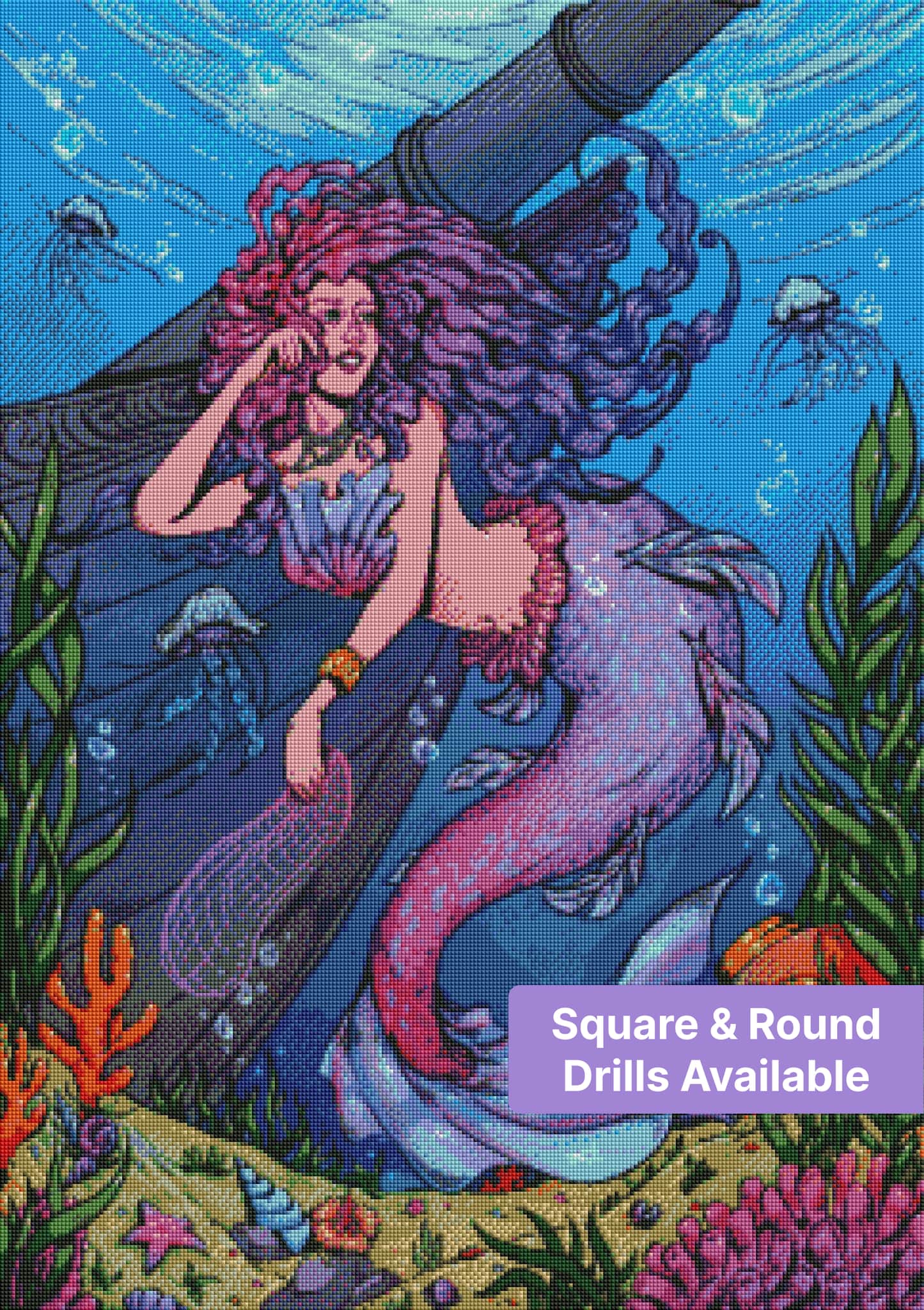 Fantasy mermaid with flowing purple hair swimming underwater among jellyfish and sea plants