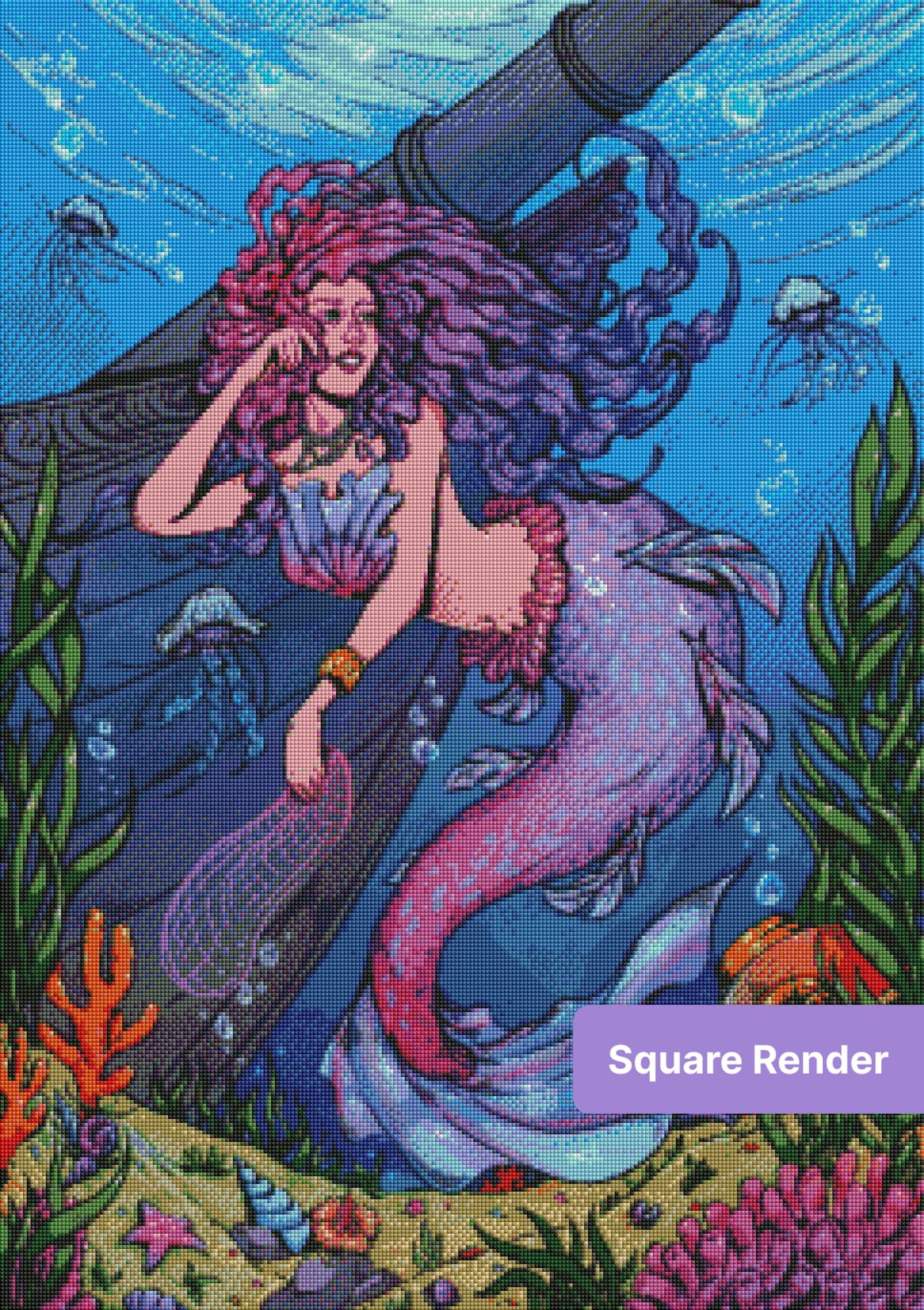 Fantasy mermaid with flowing purple hair swimming underwater among jellyfish and sea plants
