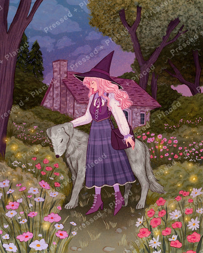 Witch girl with white dog in a flower-filled forest garden at dusk