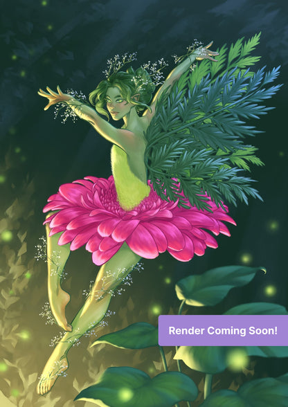 Fantasy fairy dancing in a pink flower skirt with lush green leaves and glowing forest accents