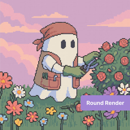 Cute pirate ghost in a pastel flower garden with a dreamy pink sky and colorful blossoms