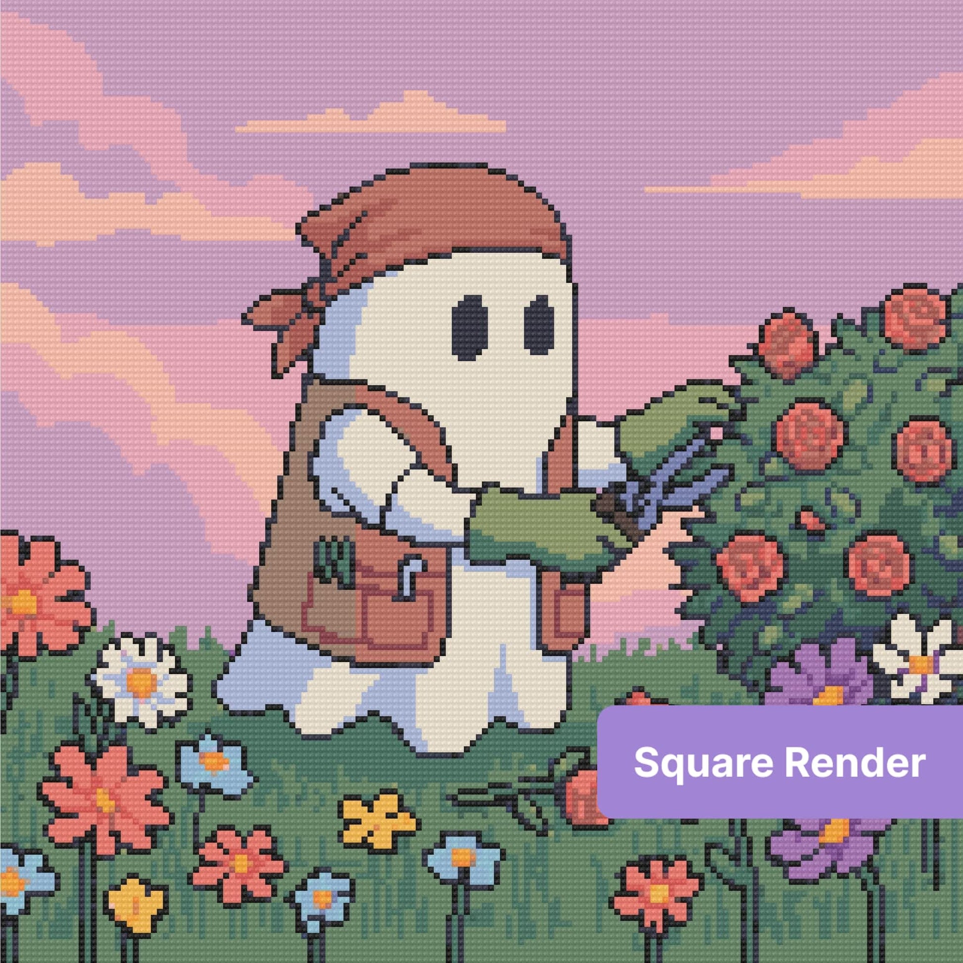 Cute pirate ghost in a pastel flower garden with a dreamy pink sky and colorful blossoms