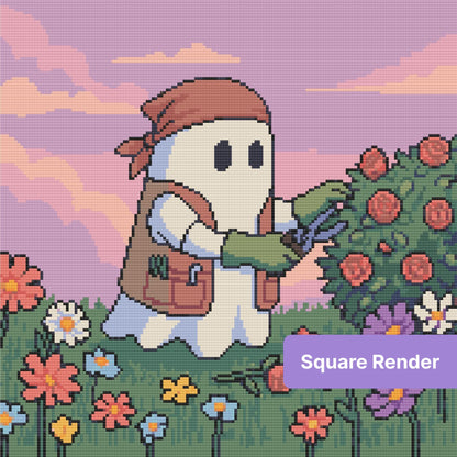 Cute pirate ghost in a pastel flower garden with a dreamy pink sky and colorful blossoms