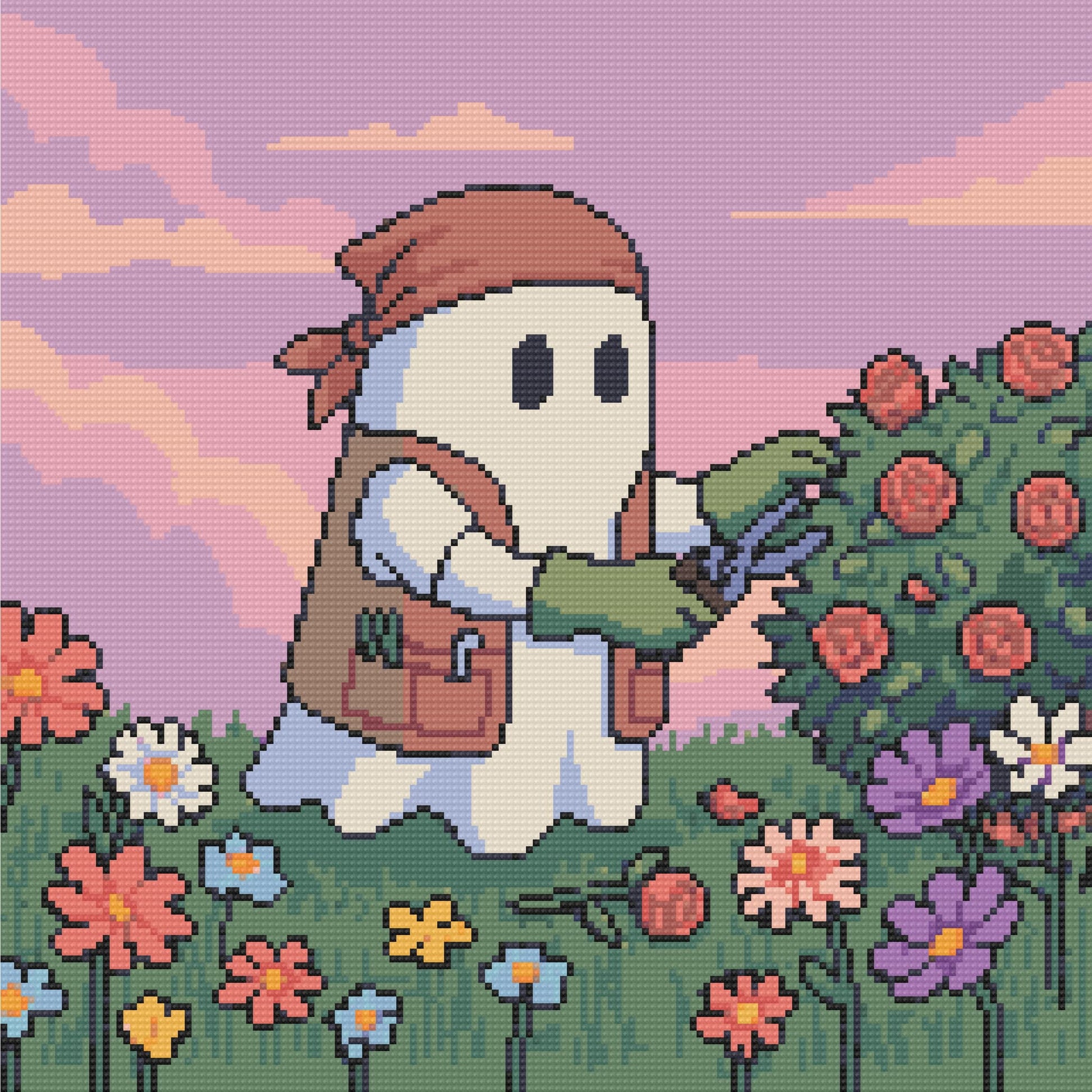 Cute pirate ghost in a pastel flower garden with a dreamy pink sky and colorful blossoms