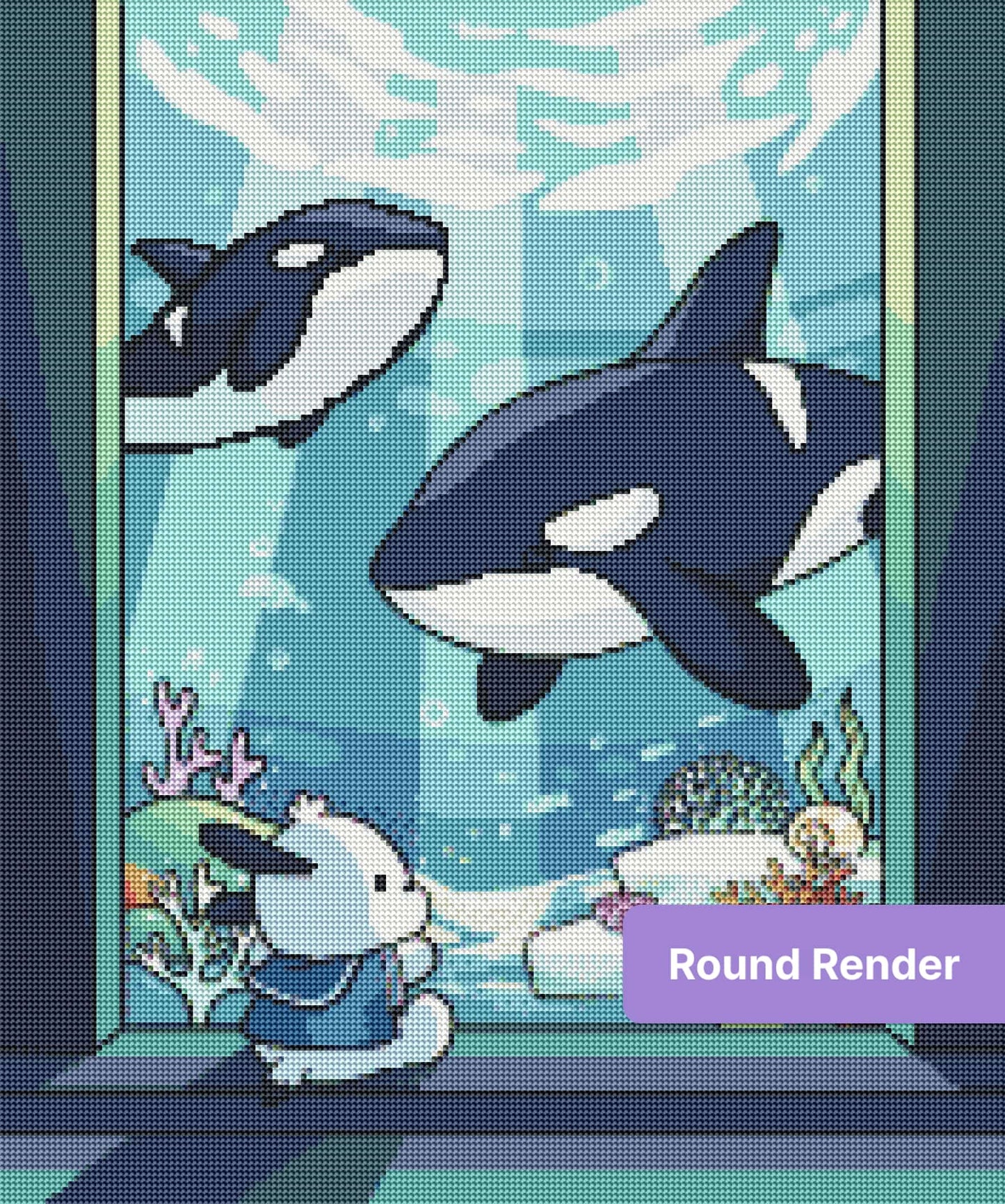 Cute cartoon orcas and a sailor bunny in a colorful underwater coral scene