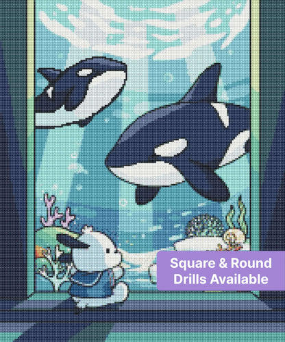Cute cartoon orcas and a sailor bunny in a colorful underwater coral scene