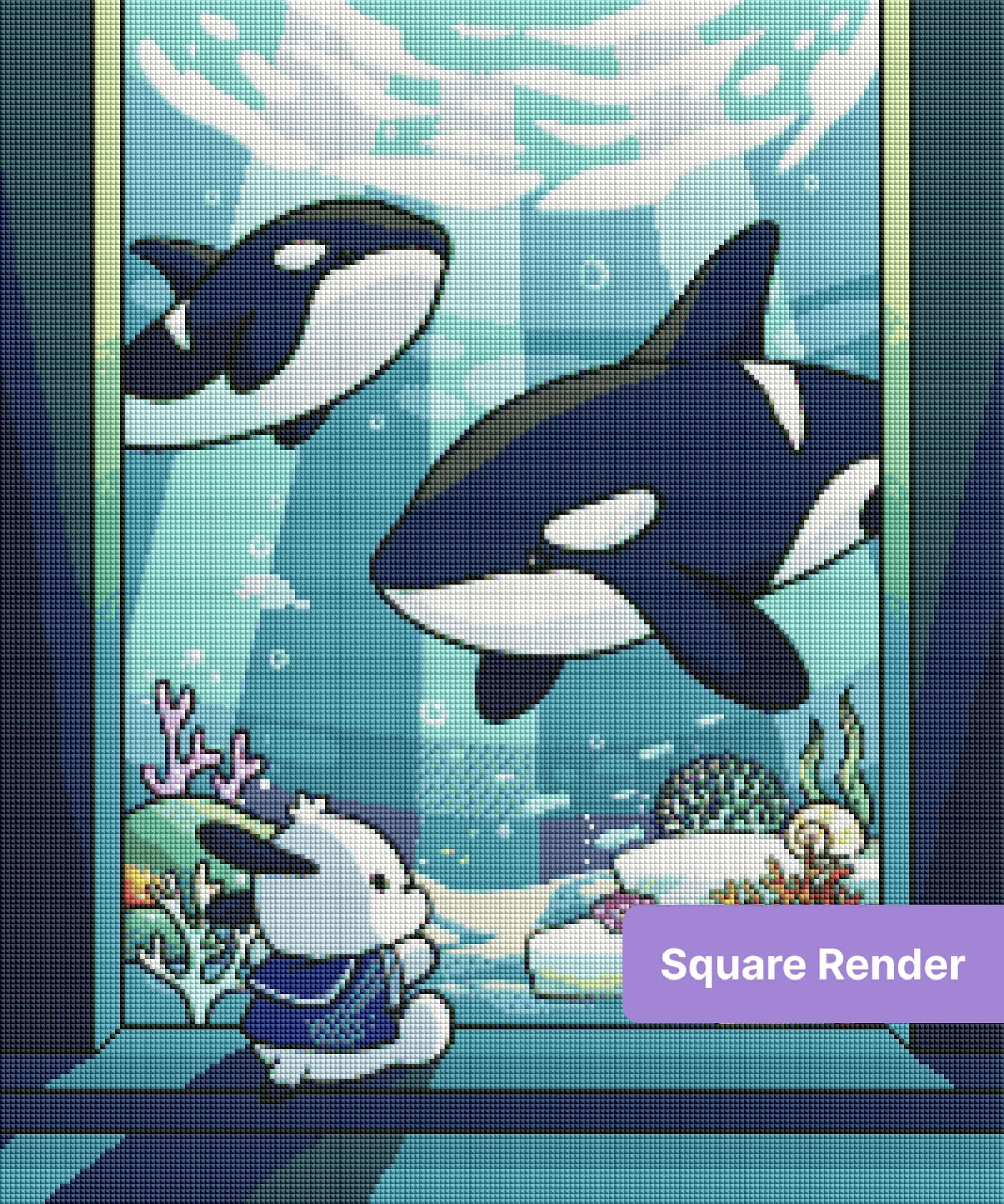 Cute cartoon orcas and a sailor bunny in a colorful underwater coral scene