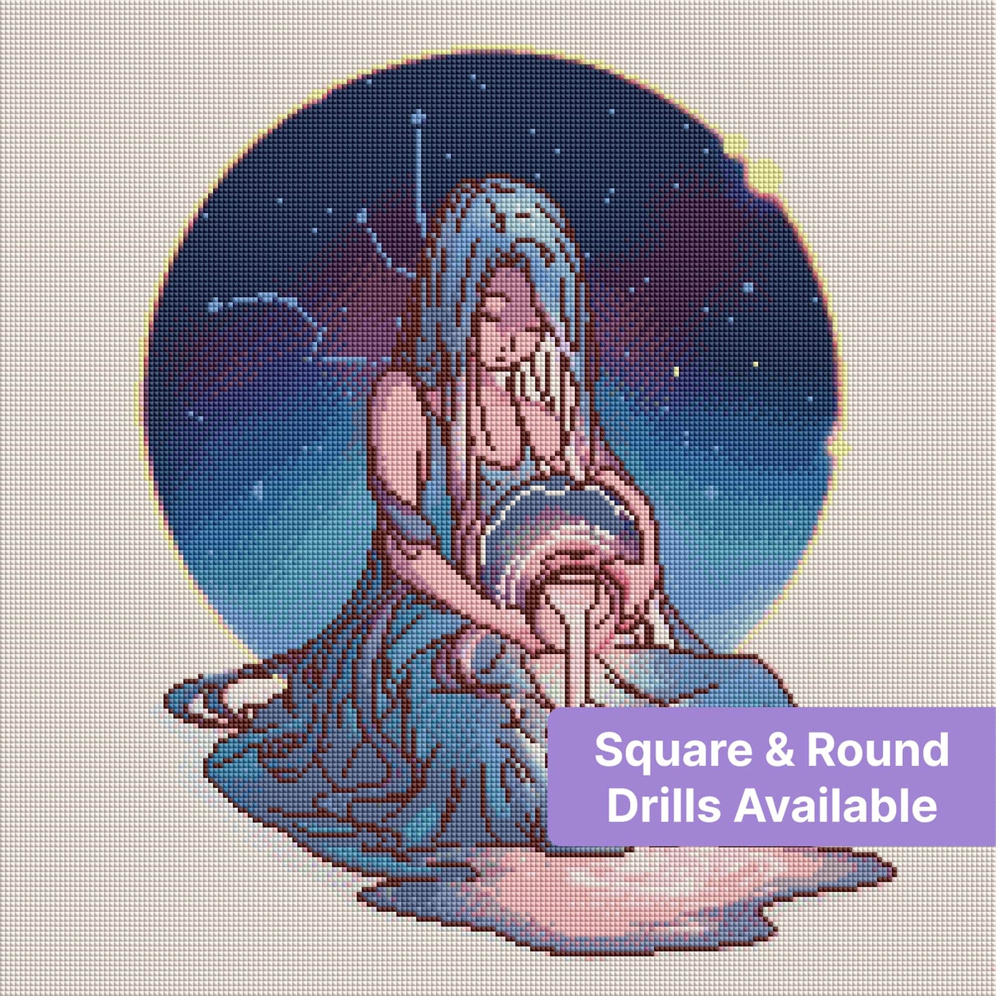 Fantasy girl with long blue hair pouring glowing light beneath a starry night sky