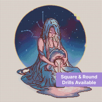 Fantasy girl with long blue hair pouring glowing light beneath a starry night sky
