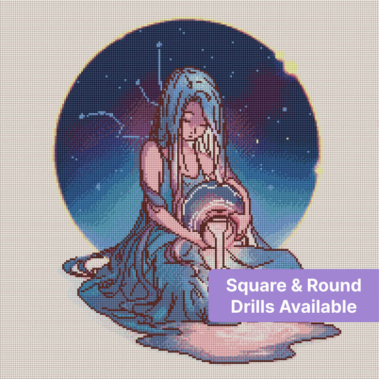 Fantasy girl with long blue hair pouring glowing light beneath a starry night sky