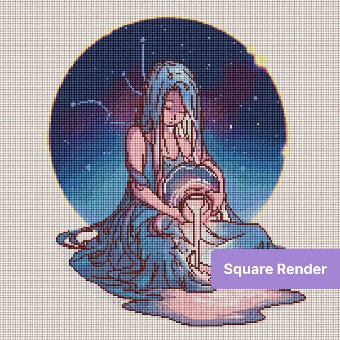 Fantasy girl with long blue hair pouring glowing light beneath a starry night sky