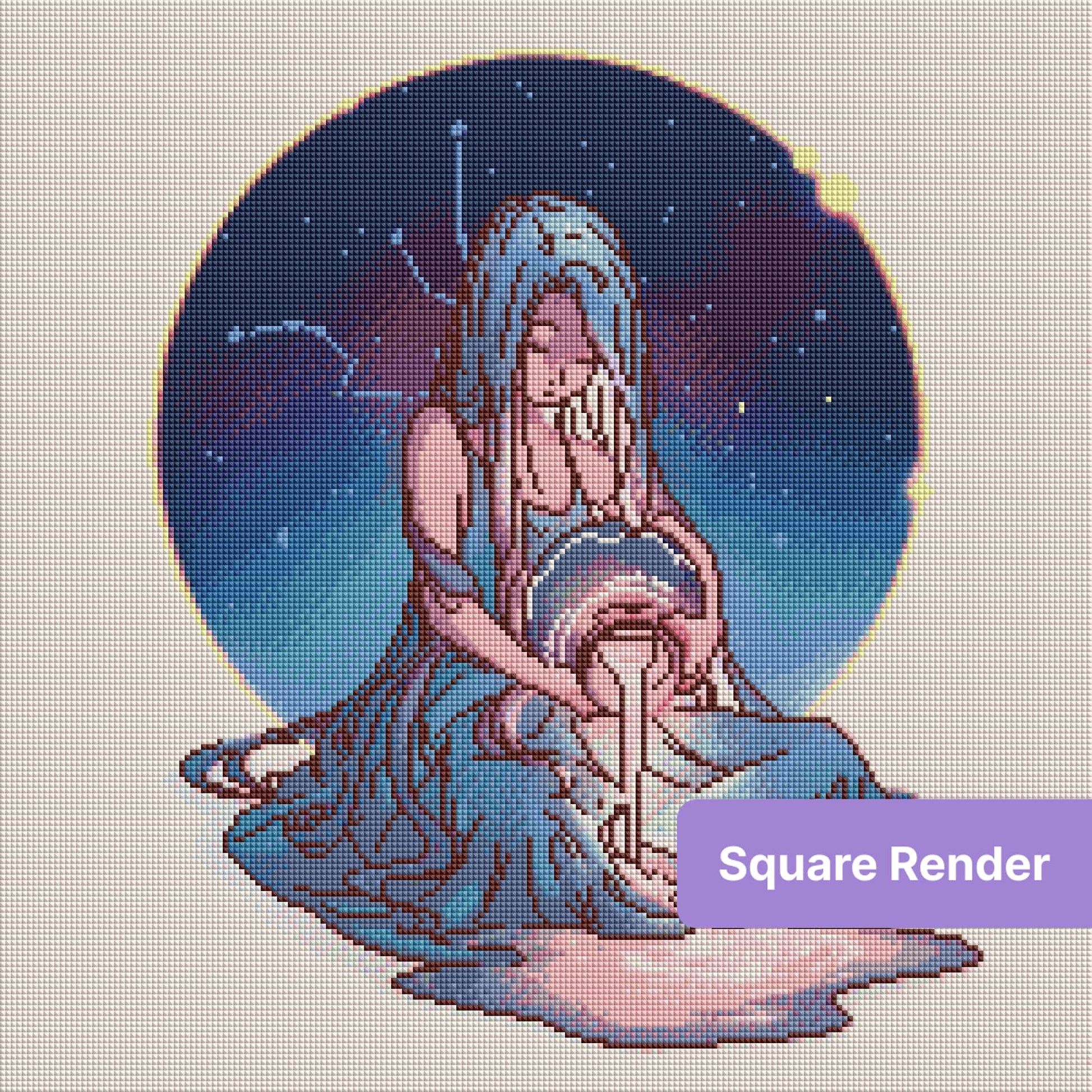 Fantasy girl with long blue hair pouring glowing light beneath a starry night sky