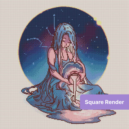 Fantasy girl with long blue hair pouring glowing light beneath a starry night sky