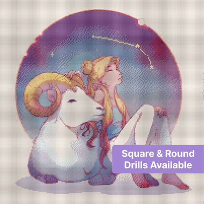 Anime-style girl with white ram in a celestial zodiac scene, soft pastel fantasy art