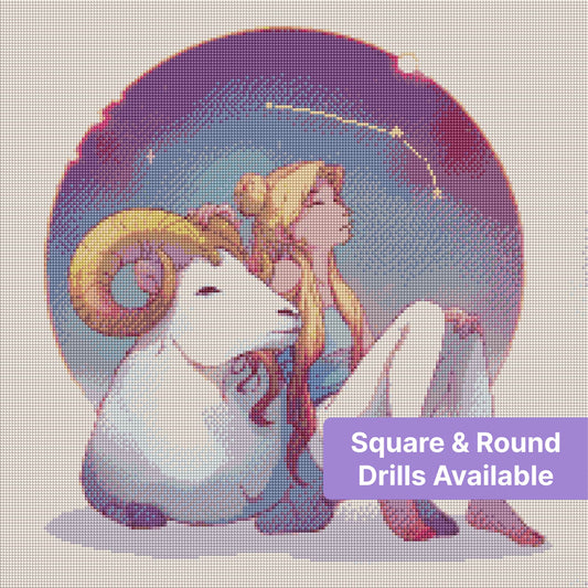Anime-style girl with white ram in a celestial zodiac scene, soft pastel fantasy art