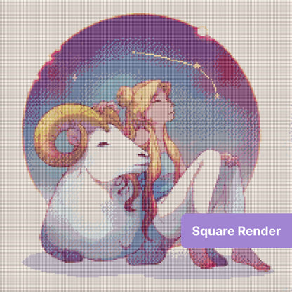 Anime-style girl with white ram in a celestial zodiac scene, soft pastel fantasy art