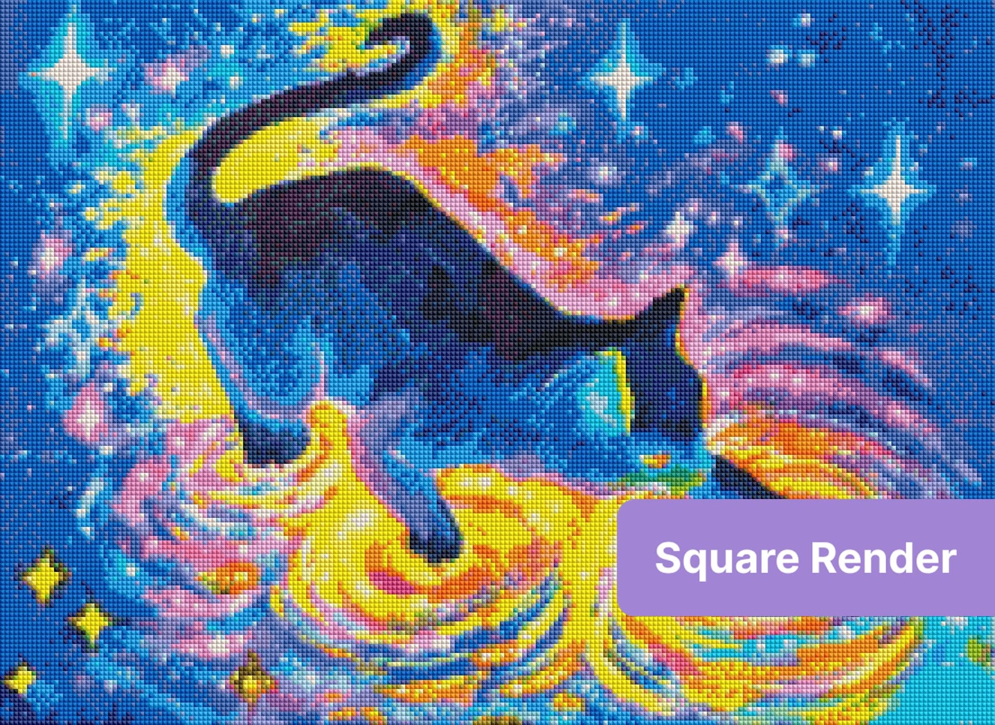 Black cat in a colorful cosmic fantasy scene with swirling stars and bright galaxy hues