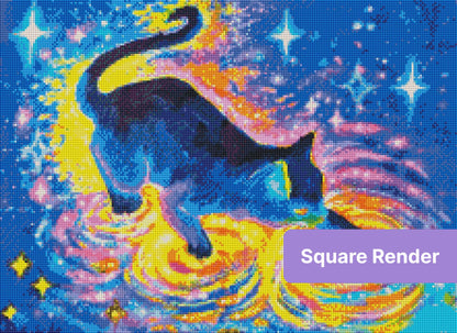 Black cat in a colorful cosmic fantasy scene with swirling stars and bright galaxy hues