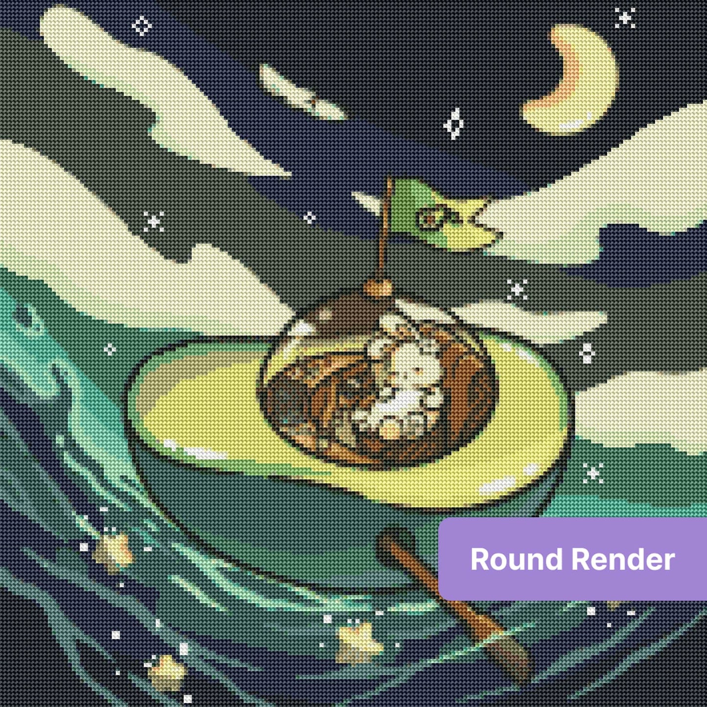 Cute bunny in a green space capsule with stars, moon, and flowing cosmic waves