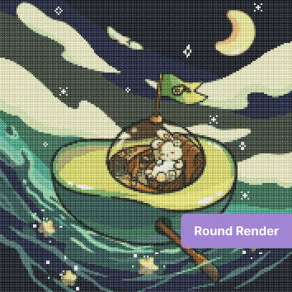 Cute bunny in a green space capsule with stars, moon, and flowing cosmic waves