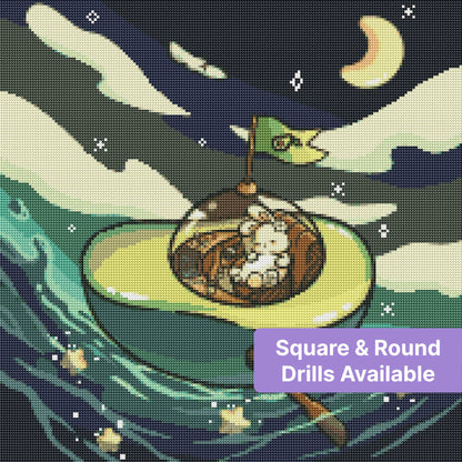 Cute bunny in a green space capsule with stars, moon, and flowing cosmic waves