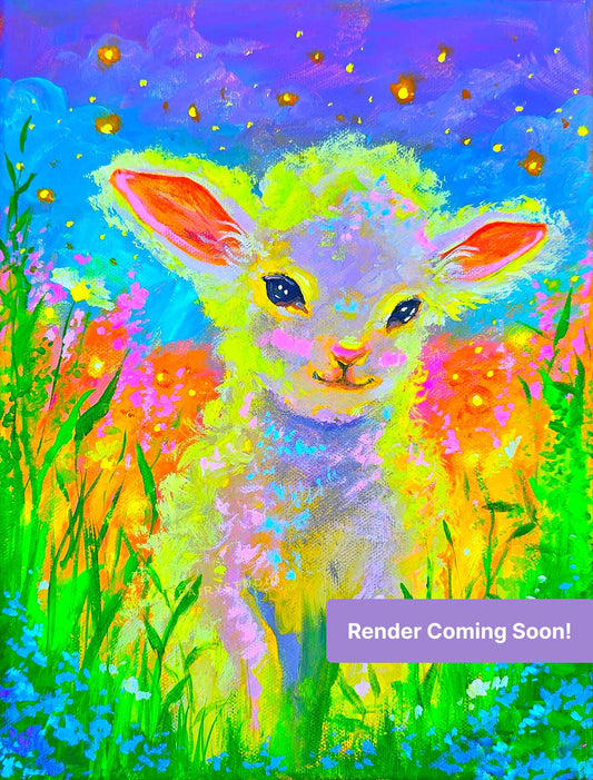 Colorful lamb in a vibrant meadow with glowing flowers and a dreamy twilight sky