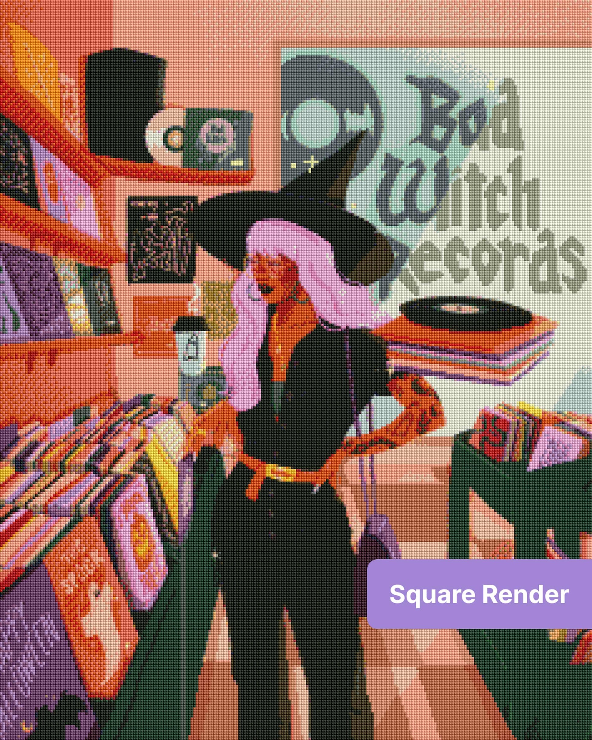 Stylish witch in a record shop surrounded by colorful vinyl and boho decor