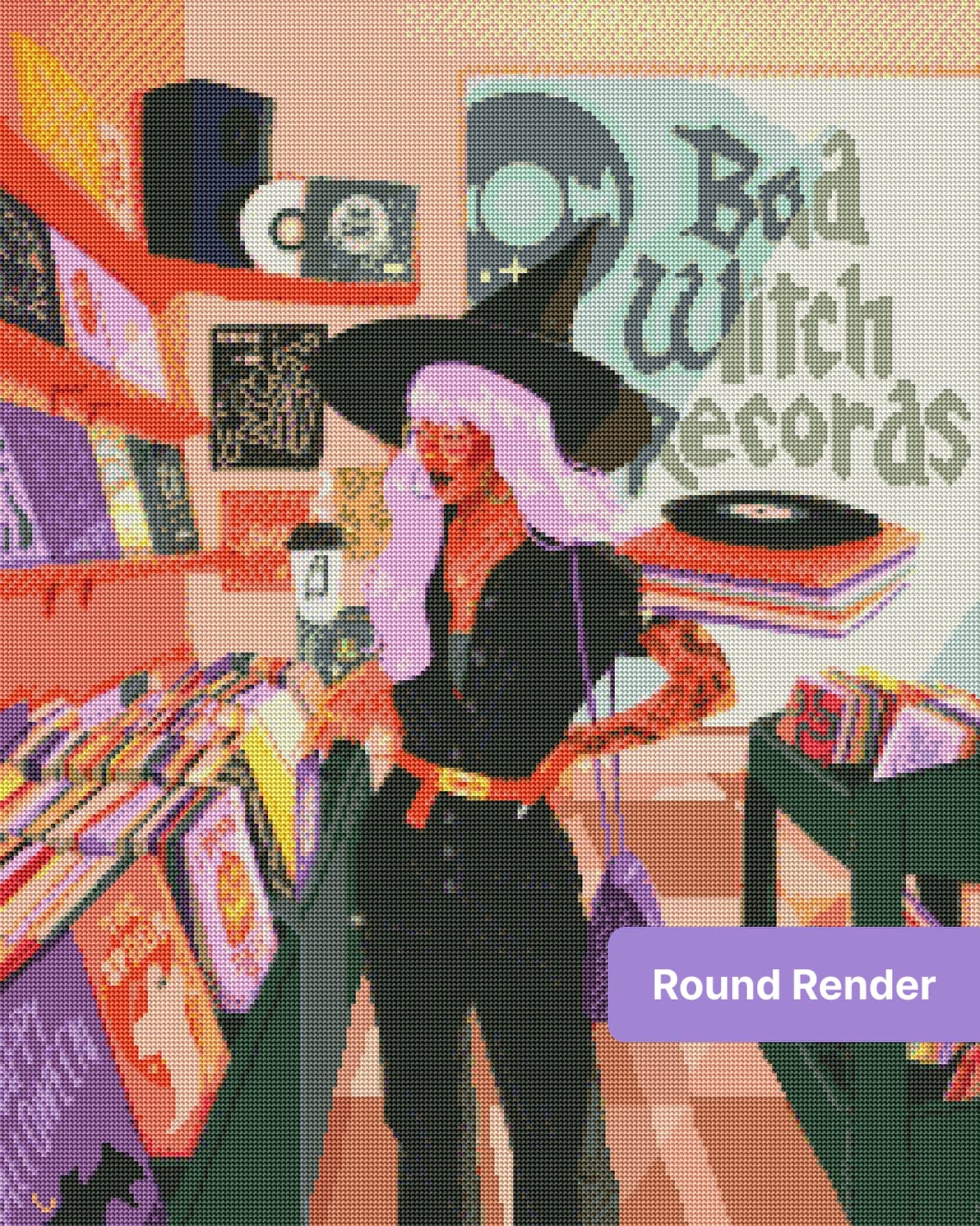 Stylish witch in a record shop surrounded by colorful vinyl and boho decor