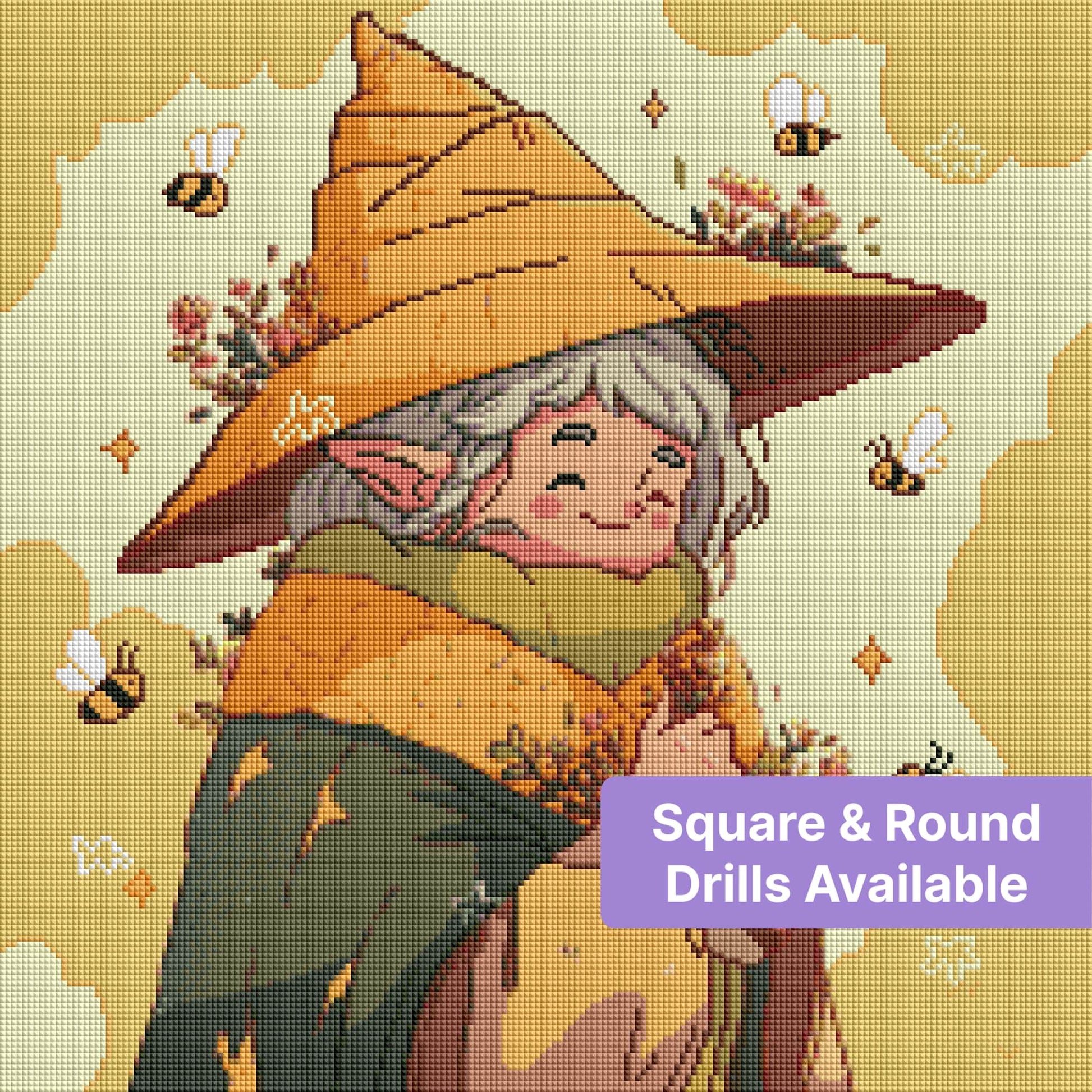Cute fantasy witch with flowers and bees in warm autumn tones