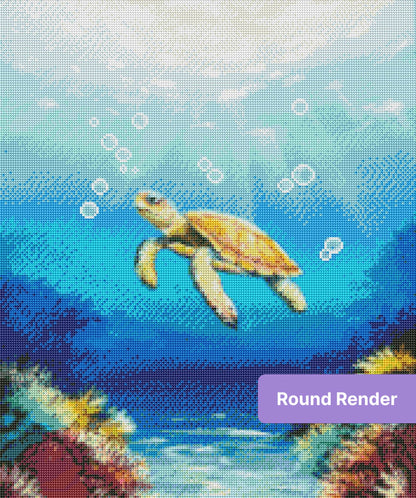 Sea turtle swimming in blue ocean with bubbles and colorful coral reefs