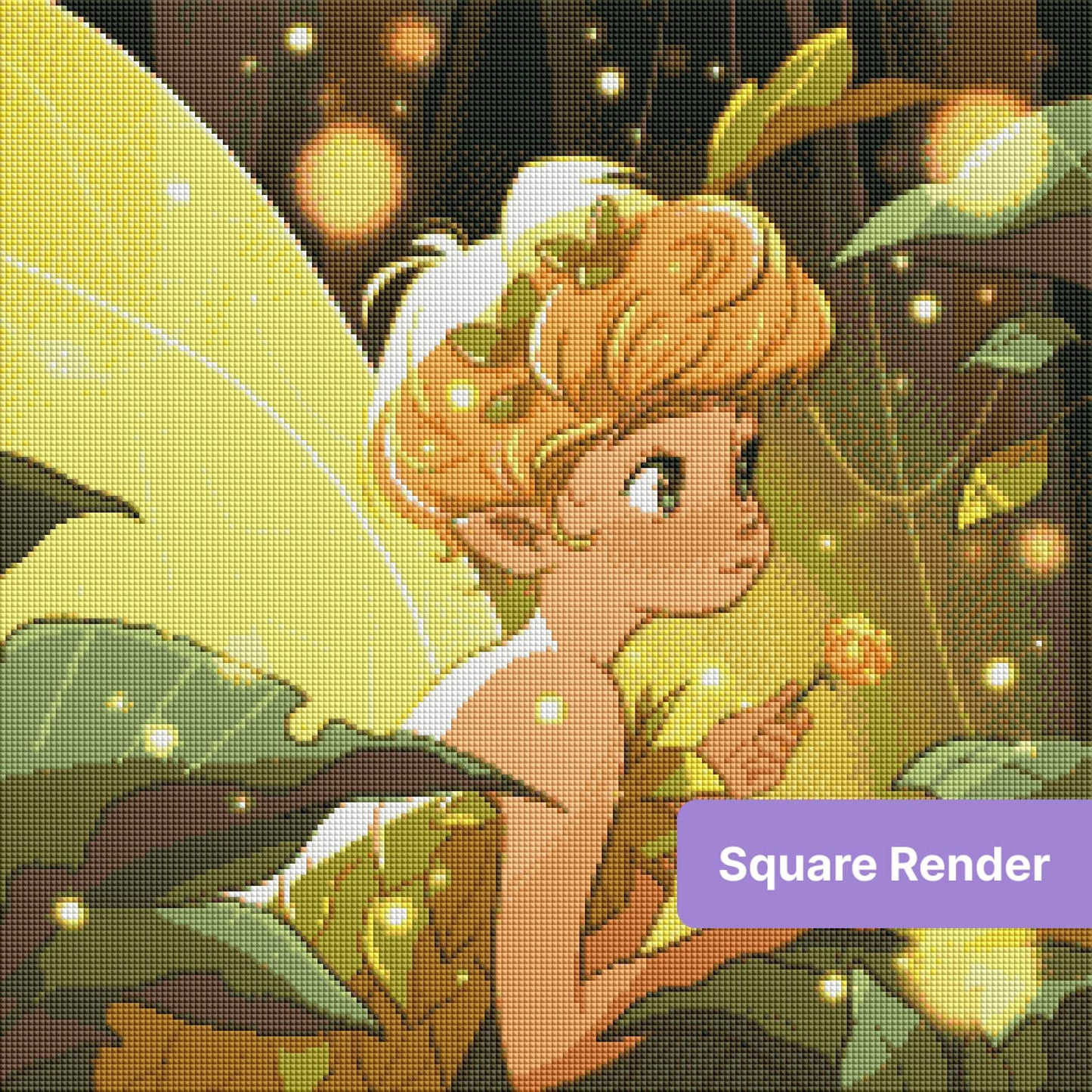 Fairy girl with glowing wings in a magical forest holding a small flower